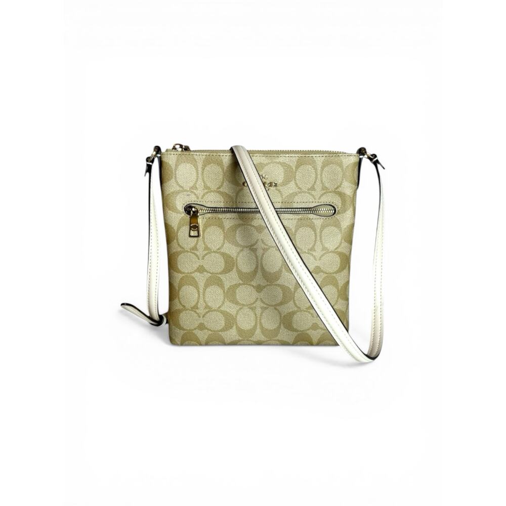 Coach Mini Rowan File Bag Signature Canvas Khaki Chalk Crossbody Purse C2498